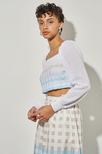 Bishop Sleeve Cropped Top - Textured Soft Knit, Dew Blue/Haze/Limestone/White | Ming Wang