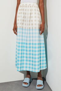 Maxi A-Line Skirt - Gingham Cotton Poplin, Dew Blue/Haze/Limestone/White | Ming Wang