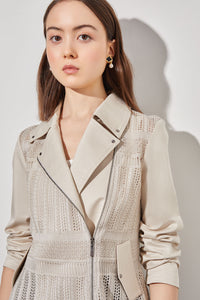 Plus Size Crossover Moto Jacket - Textured Mixed Media, Limestone | Ming Wang