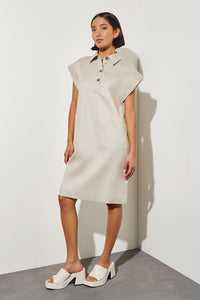 Knee Length Shift Dress - Shirt Collar Cotton Tencel, Limestone | Ming Wang