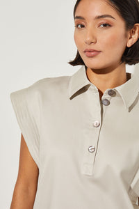 Knee Length Shift Dress - Shirt Collar Cotton Tencel, Limestone | Ming Wang