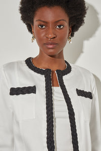 Plus Size Open Front Jacket - Contrast Trim Cotton Tencel, White/Black | Ming Wang