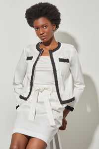 Open Front Jacket - Contrast Trim Cotton Tencel, White/Black | Ming Wang