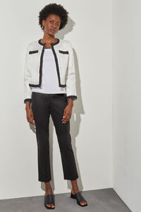 Open Front Jacket - Contrast Trim Cotton Tencel, White/Black | Ming Wang