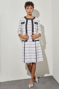 Jewel Neck Jacket - Fringe Trim Soft Knit, White/Black | Ming Wang
