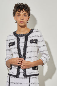 Jewel Neck Jacket - Fringe Trim Soft Knit, White/Black | Ming Wang