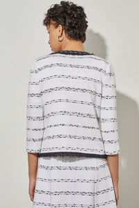 Plus Size Jewel Neck Jacket - Fringe Trim Soft Knit, White/Black | Ming Wang