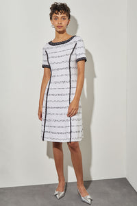 Plus Size Below the Knee-Length Fit & Flare Dress - Fringe Trim Soft Knit, White/Black | Ming Wang