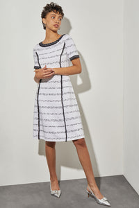 Knee-Length Fit & Flare Dress - Fringe Trim Soft Knit, White/Black | Ming Wang