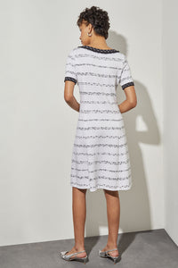 Plus Size Below the Knee-Length Fit & Flare Dress - Fringe Trim Soft Knit, White/Black | Ming Wang