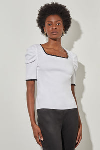 Plus Size Square Neck Tunic - Puff Sleeve Soft Knit, White/Black | Ming Wang