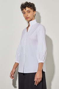 Button-Front Blouse - Pleated Cotton Blend, White | Ming Wang