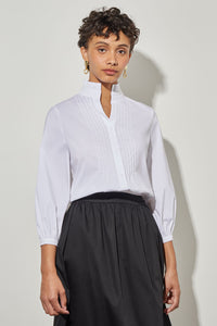 Plus Size Button-Front Blouse - Pleated Cotton Blend, White | Ming Wang