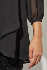 Plus Size High-Low Blouse - Split Neck Chiffon, Black | Ming Wang