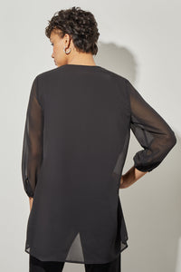 Plus Size High-Low Blouse - Split Neck Chiffon, Black | Ming Wang