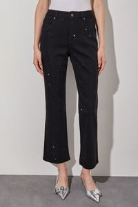Flare Ankle Jeans - Crystal Front Detail, Black | Ming Wang