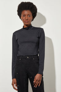 Mock Neck Top - Crystal Detail Knit Jersey, Black | Ming Wang