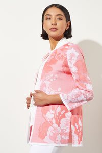 Trimmed Floral Jacquard Knit Jacket, Sunkissed Coral, Sunkissed Coral/White | Ming Wang