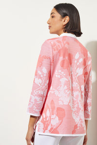 Trimmed Floral Jacquard Knit Jacket, Sunkissed Coral, Sunkissed Coral/White | Ming Wang