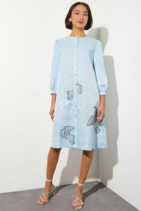 Floral Embroidered Button-Front Stretch Cotton Shirt Dress, Haze, Haze | Ming Wang