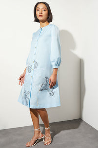 Floral Embroidered Button-Front Stretch Cotton Shirt Dress, Haze, Haze | Ming Wang