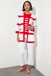 Plus Size Striped Sheer Ribbed Knit Jacket, Poppy Red/White, White/Poppy Red | Ming Wang