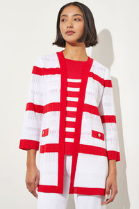 Striped Sheer Ribbed Knit Jacket, Poppy Red/White, White/Poppy Red | Ming Wang