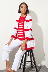 Striped Sheer Ribbed Knit Jacket, Poppy Red/White, White/Poppy Red | Ming Wang