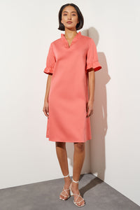 Ruffle Detail Cotton Poplin Shift Dress, Sunkissed Coral, Sunkissed Coral | Ming Wang