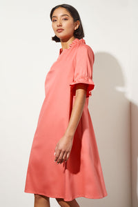 Ruffle Detail Cotton Poplin Shift Dress, Sunkissed Coral, Sunkissed Coral | Ming Wang