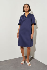 Ruffle Detail Cotton Poplin Shift Dress, Indigo, Indigo | Ming Wang
