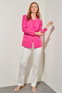 Plus Size Single-Button Jacket - Mixed Texture Burnout Knit, Carmine Rose | Ming Wang