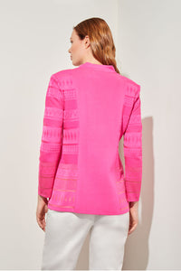 Plus Size Single-Button Jacket - Mixed Texture Burnout Knit, Carmine Rose | Ming Wang