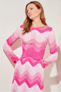 Cropped Scalloped Tunic - Chevron Print Soft Knit, Carmine Rose/Perfect Pink/White | Ming Wang
