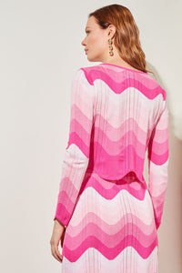 Cropped Scalloped Tunic - Chevron Print Soft Knit, Carmine Rose/Perfect Pink/White | Ming Wang