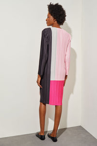 Plus Size Knee-Length Dress - Fine Pleat Crepe de Chine, Perfect Pink/Carmine Rose/Moonbeam/Blk | Ming Wang