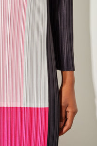 Knee-Length Dress - Fine Pleat Crepe de Chine, Perfect Pink/Carmine Rose/Moonbeam/Blk | Ming Wang