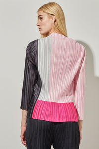 Plus Size V-Neck Blouse - Fine Pleat Crepe the Chine, Perfect Pink/Carmine Rose/Moonbeam/Blk | Ming Wang