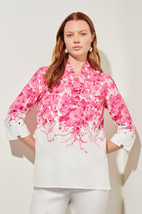 Ruffle V-Neck Blouse - Floral Cotton Poplin, Carmine Rose/Perfect Pink/White | Ming Wang