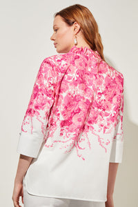 Plus Size Ruffle V-Neck Blouse - Floral Cotton Poplin, Carmine Rose/Perfect Pink/White | Ming Wang