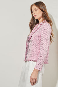Lapel Collar Jacket - Eyelash Trim Knit, Perfect Pink, Perfect Pink/Black | Ming Wang