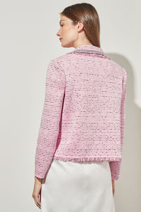 Lapel Collar Jacket - Eyelash Trim Knit, Perfect Pink, Perfect Pink/Black | Ming Wang
