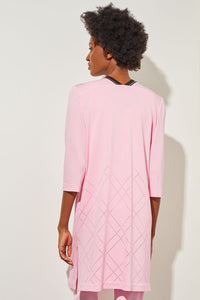 Plus Size Long Open-Front Jacket - Pointelle Detail Soft Knit, Perfect Pink/Black | Ming Wang