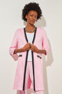 Long Open-Front Jacket - Pointelle Detail Soft Knit, Perfect Pink/Black | Ming Wang