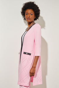 Plus Size Long Open-Front Jacket - Pointelle Detail Soft Knit, Perfect Pink/Black | Ming Wang