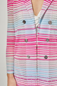 Plus Size Longline Jacket - Sheer Striped Soft Knit, Perfect Pink/Carmine Rose/Moonbeam/Haze/White | Ming Wang