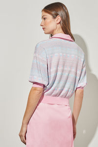 Shirt Collar Tunic - Puff Sleeve Mixed Media Knit, Perfect Pink/Moonbeam/Haze/White | Ming Wang