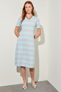 Midi Flare Dress - V-Neck Jacquard Soft Knit, Moonbeam/Haze/White | Ming Wang