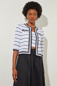 Plus Size Cropped Jacket - Contrast Trim Striped Knit, White/Black | Ming Wang