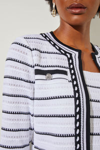 Plus Size Cropped Jacket - Contrast Trim Striped Knit, White/Black | Ming Wang